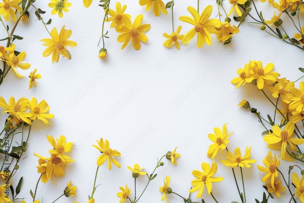 Poster a border of yellow flowers on a white background, empty space in the middle for text generative ai