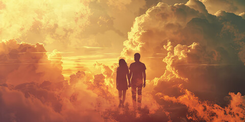 Fototapeta premium Walk in the Clouds: A couple gazing up at the clouds, their faces lit up with happiness, as they walk hand in hand