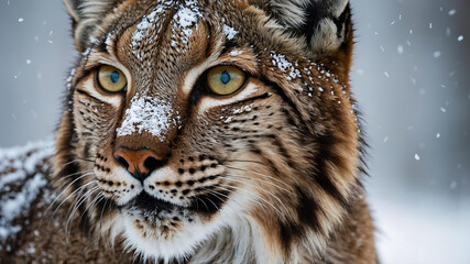 Obraz premium majestic Eurasian Lynx, its fur a symphony of tan and charcoal, effortlessly prowls through a snowy landscape