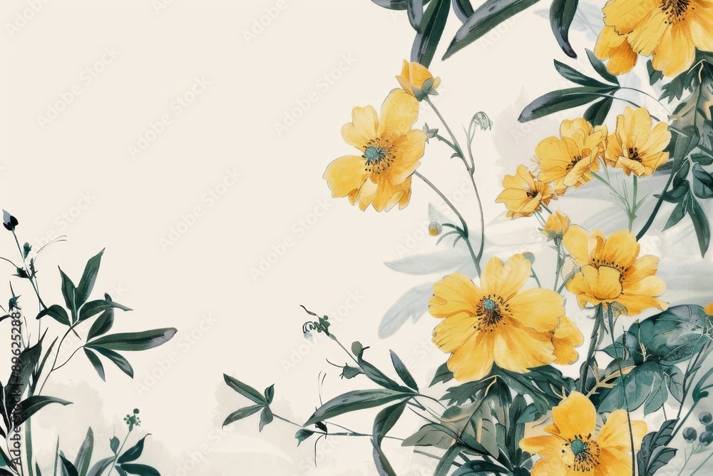 Poster a border of yellow flowers on the right side with a white background generative ai