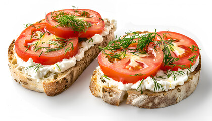 Delicious ricotta bruschettas with sliced tomatoes and dill isolated on white