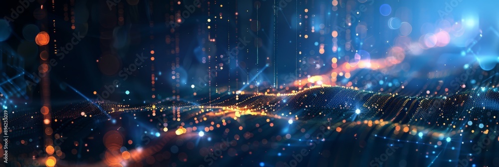 Poster Abstract tech background with orange and blue light particles and digital waves. Innovation and technology theme.