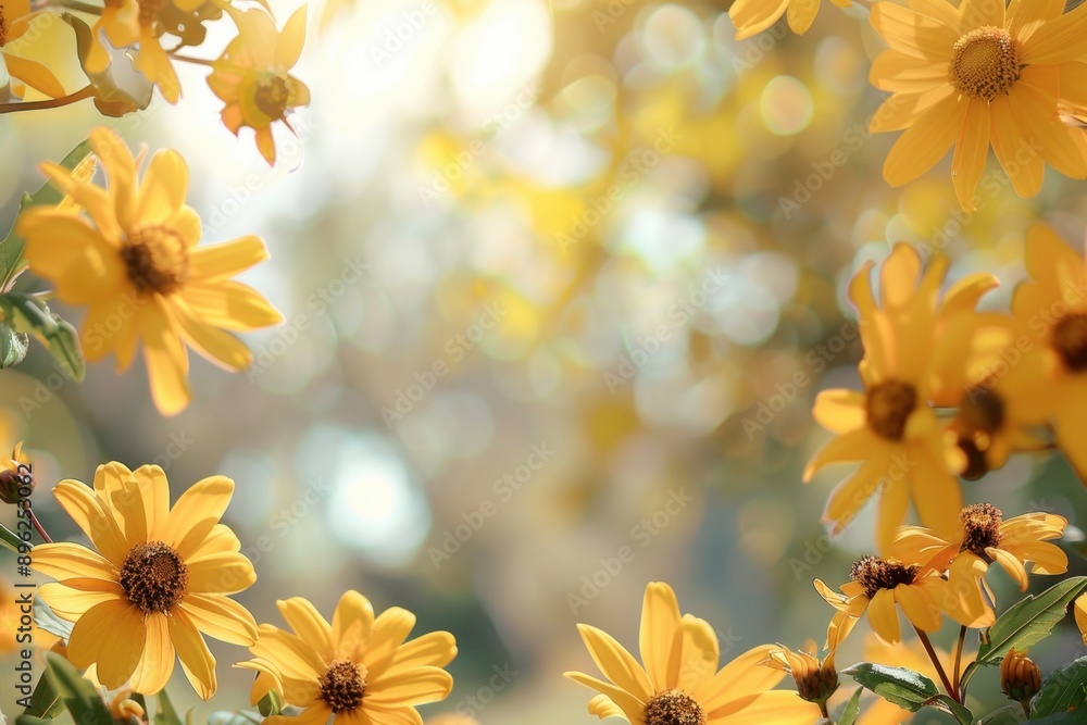 Poster beautiful yellow flowers border the frame background with copy space in the middle generative ai