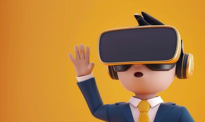 Obraz premium 3D character in business attire wearing VR headset. Free copy space for text.