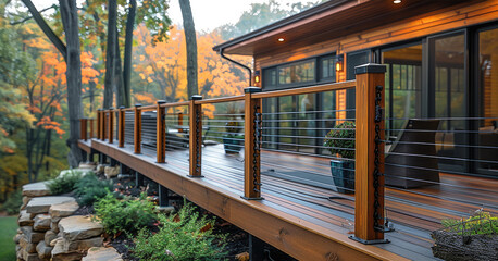 Cable railing, wood post, black wire rope, house deck. Generative AI.
