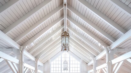 Obraz premium A cathedral ceiling with white-painted wooden beams and a large hanging lantern