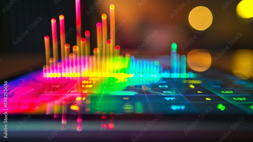Poster A bar graph with data points highlighted in different colors, displayed on a digital tablet.