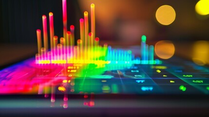 A bar graph with data points highlighted in different colors, displayed on a digital tablet.