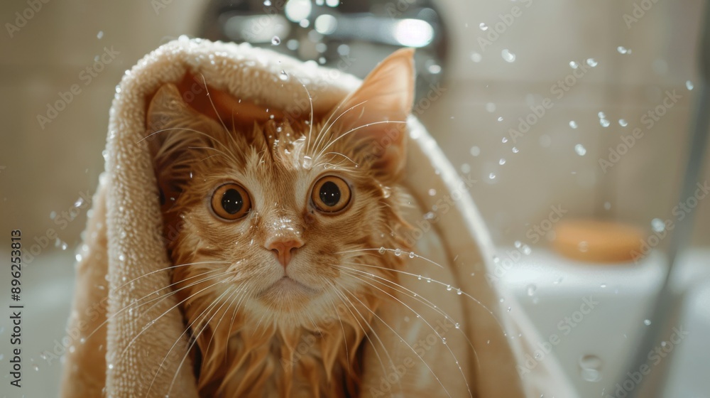 Aufkleber A bathroom scene with a cat drying off with a soft towel after a bath, with water droplets still on its fur.