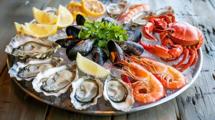 A beautifully arranged seafood platter with shrimp, oysters, mussels, and crab, garnished with lemon wedges and herbs