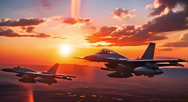 Two f16 fighter jet flying at sunset with great speed. new technologies of military combat aviation concept.