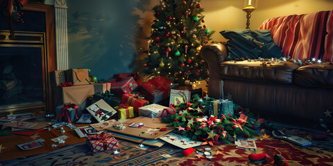 Festive Blues: A small pile of holiday cards, unopened gifts and a lonely holly wreath on the floor.