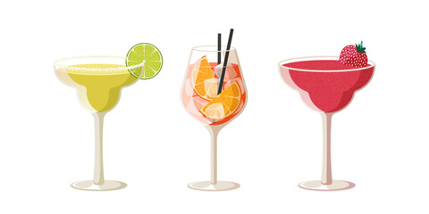 Set of summer cocktails isolated on white background. Illustration of three cocktails in tall glasses. Vector illustration of margarita, spritz and strawberry daiquiri
