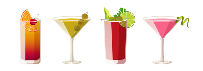 Set of classic cocktails isolated on white background. Alcohol drinks in tall glasses. Vector illustration of tequila sunrise, cosmopolitan, Martini and bloody Mary