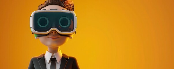 3D character in business attire wearing VR headset. Free copy space for text.