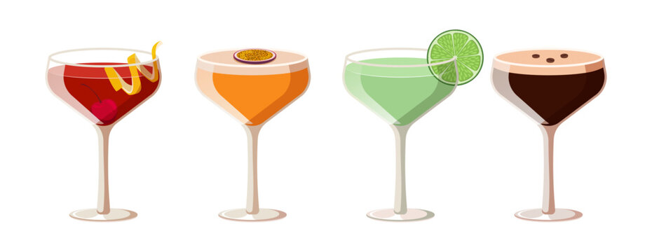 Set of glamour cocktails. Modern cocktails collection isolated on white background. Vector illustration of porn star martini, espresso martini, manhattan, gimlet
