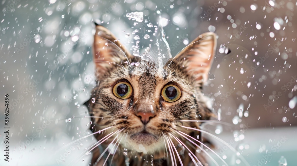 Poster a cat shaking off water after a bath, with droplets flying and a surprised expression.