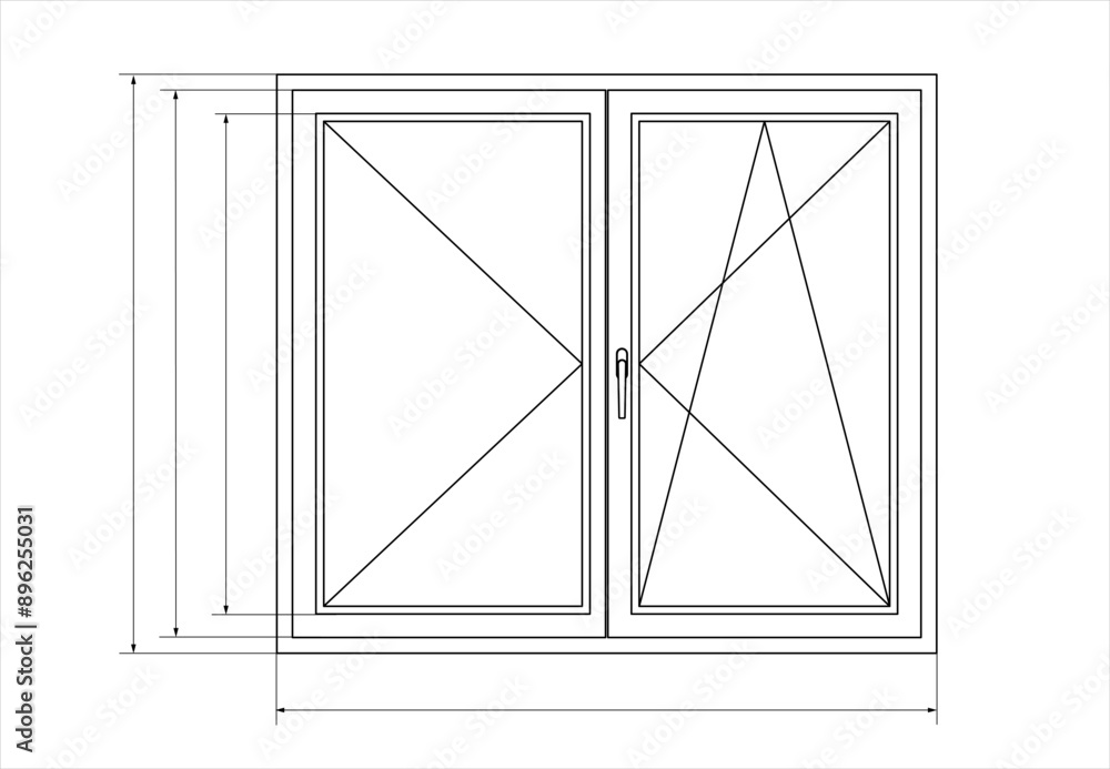 Poster vector drawing of plastic window with glass with dimensional lines. construction engineering templat