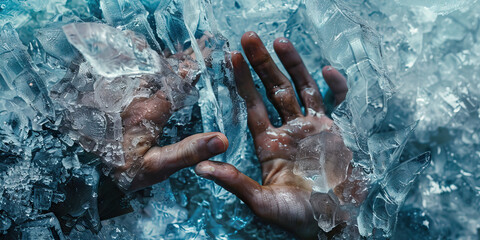 Frostbitten Hands on Ice: A close-up of delicate fingers wrapped around an icy rock, struggling against the harsh winter chill