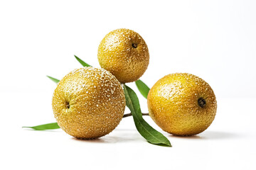 Fototapeta premium Close-up of Three Golden Apples with Dew Drops on a White Background