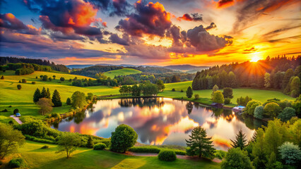 Vibrant sunset over a serene lake surrounded by lush green trees and rolling hills, perfect for a family adventure or children's imaginative play.