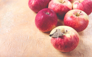 apples scattered on the table, selective focus, yellow - red, summer variety, early, no people,