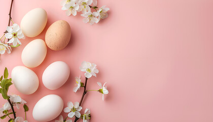 Chicken eggs and natural decor on pink background, flat lay. Happy Easter