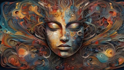 Naklejka premium Exploring the human mind through abstract art, detailed patterns, a mix of bright and dark colors, chaotic and orderly elements, symbolizing thoughts and emotions