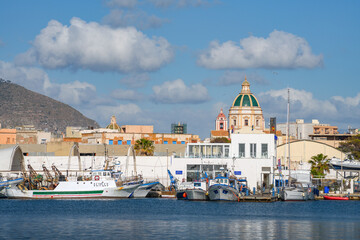 Touristic summer view of the harbor in Trapani, Sicily, Italy, Europe