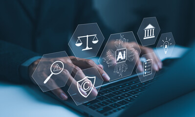 AI Laws and Regulations Concept. Hand typing on laptop with digital icons representing artificial...