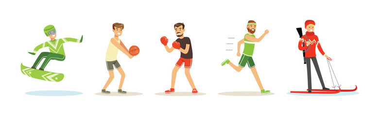 Fototapeta premium Athletic Man Character Enjoy Sport Activity Vector Set