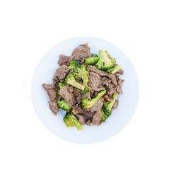 Bong cai xao thit bo. Vietnamese beef stir fried with green broccoli on white background. Beef is well marinated with salt, black pepper, chopped onion. After stir frying beef, green broccoli is added