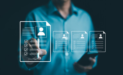 HR, Human resource concept. businessman signing an e-document online employee evaluation form for employee recruitment or pass job assessment test. Recruit employees and job interview. resume document