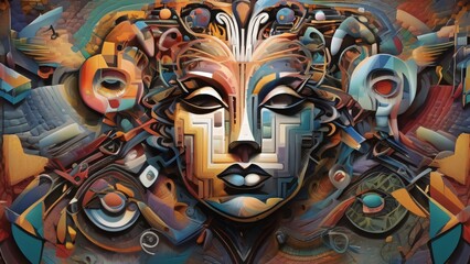 Fototapeta premium The human mind's complexity in abstract art, chaotic and orderly patterns with vibrant and dark colors, interwoven textures depicting thoughts and emotions