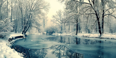 Winter Wonderland or Deadly Trap? A serene winter landscape, with pristine snow-covered trees and a frozen pond, but a thin layer of ice warns of hidden danger beneath