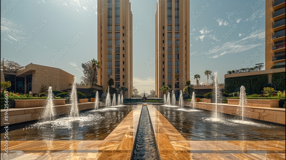 Poster facade of two towers, with water fountains and architecture. generative ai.