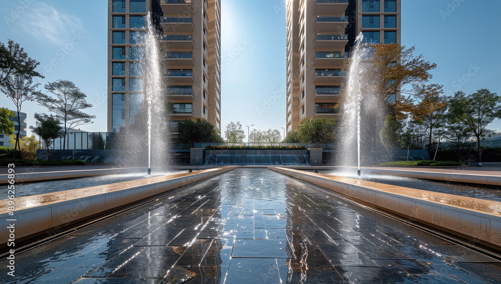 Poster facade of two towers, with water fountains and architecture. generative ai.