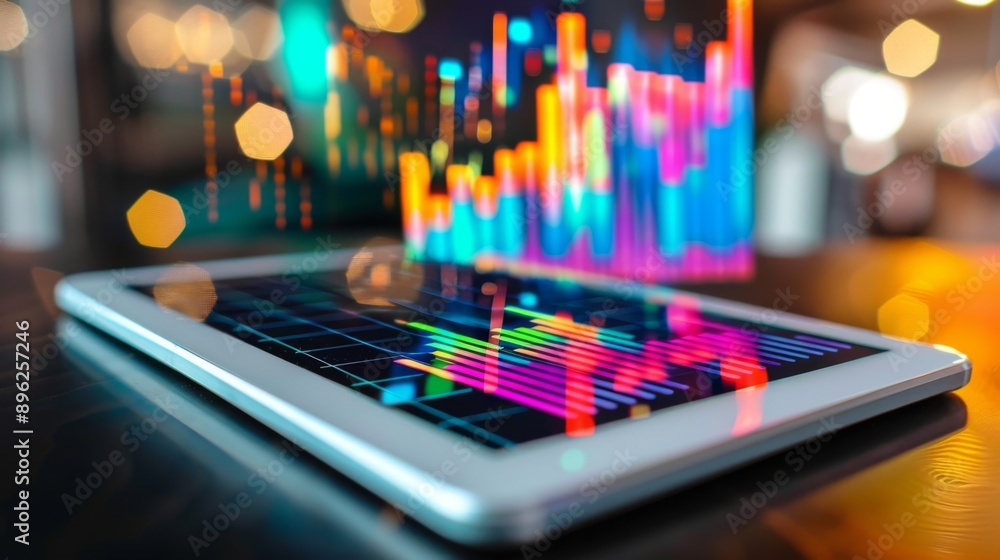 Poster a colorful bar graph displayed on a tablet, indicating growth in various sectors