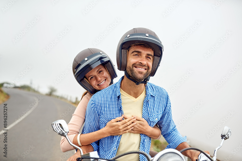 Poster Happy couple, safety and bonding for motorcycle ride, travel or adventure in countryside of Italy. Woman, man and helmet with partner, romance or together on holiday, vacation or trip in relationship