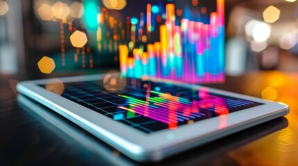 A colorful bar graph displayed on a tablet, indicating growth in various sectors