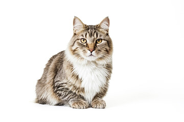 Fluffy Tabby Cat Sitting on White Background