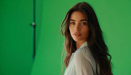 Fototapeta premium Mulher brasileira bonita de 30 anos com cabelo longo e penteado, fundo chroma key, cinematográfico, mostrando os braços IA Generativa
