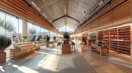 A market with mobile market stalls, a concrete ceiling covered with semi-transparent fabric, on the left side a wall with room-high wooden slats, a beige mastic asphalt floor. Generative AI.