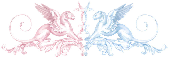 Gender party frame, watercolor ornate border png, transparent, isolated, pink and blue