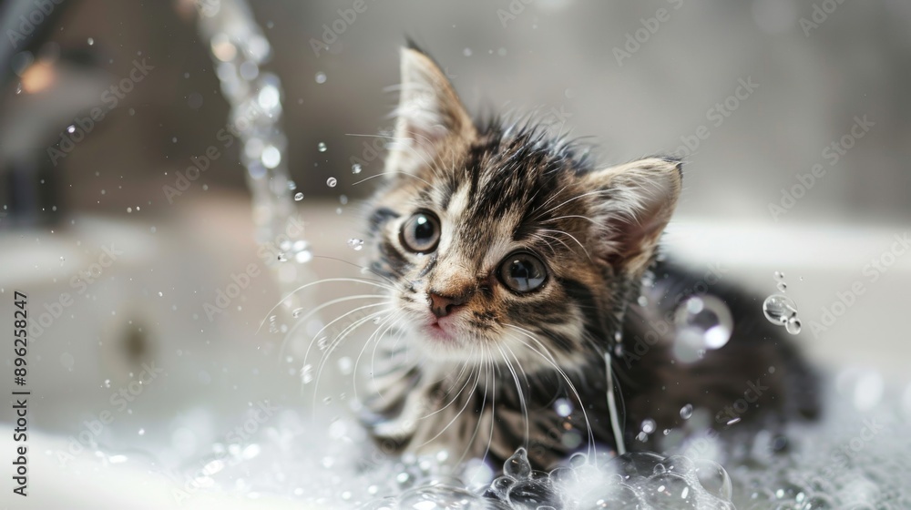 Poster a cute image of a kitten being bathed in a small sink, with a gentle stream of water and playful bub