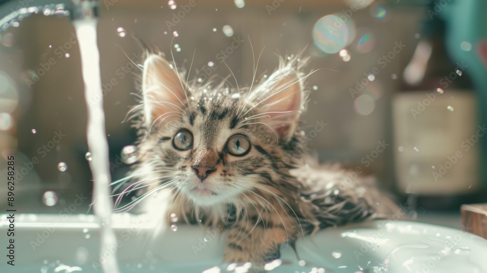 Poster a cute image of a kitten being bathed in a small sink, with a gentle stream of water and playful bub