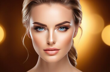 Fototapeta premium A close-up of a glamorous woman with flawless skin, captivating blue eyes, and perfectly applied makeup.