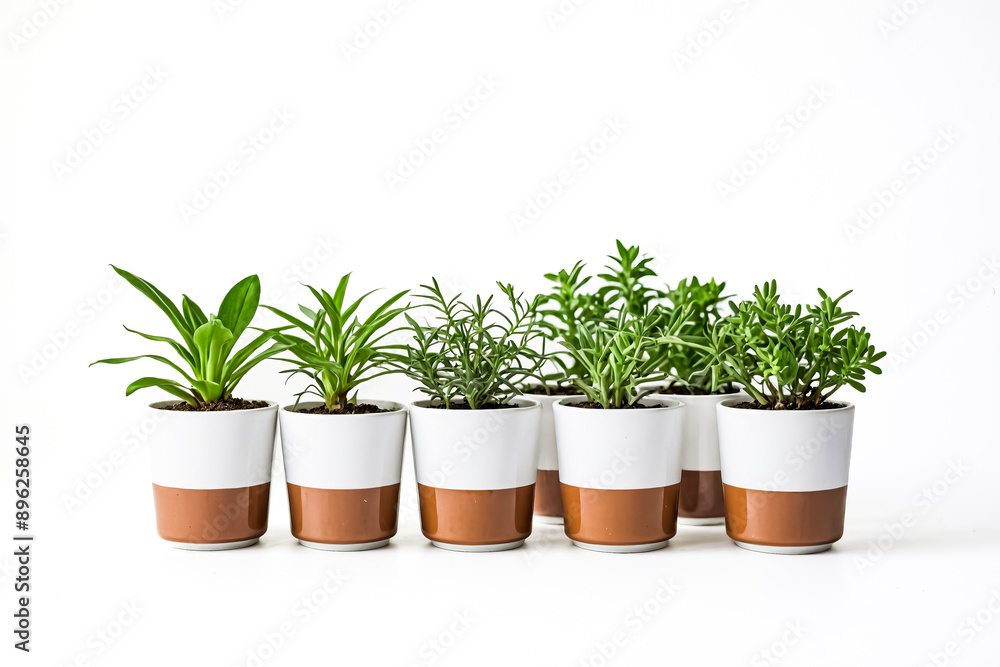 Poster Row of potted plants on white background