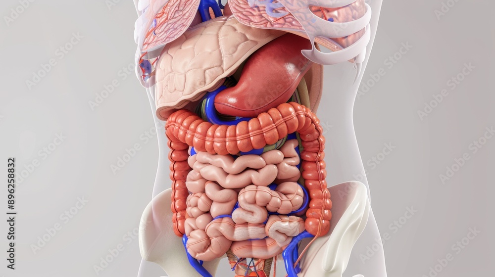 Poster a detailed diagram of the human digestive system, showing organs and their functions in a clear and 