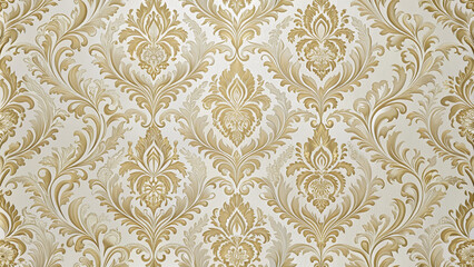 Luxurious light beige and gold damask wallpaper, evoking elegance and sophistication, isolated on a solid grey background, conveying timeless refinement in high-resolution ultra HD detail.